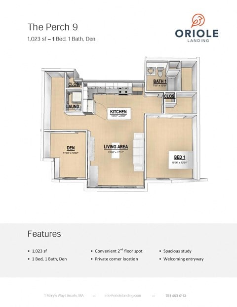 Floor plan for 1 bed, 1 bath, 1023 sqft